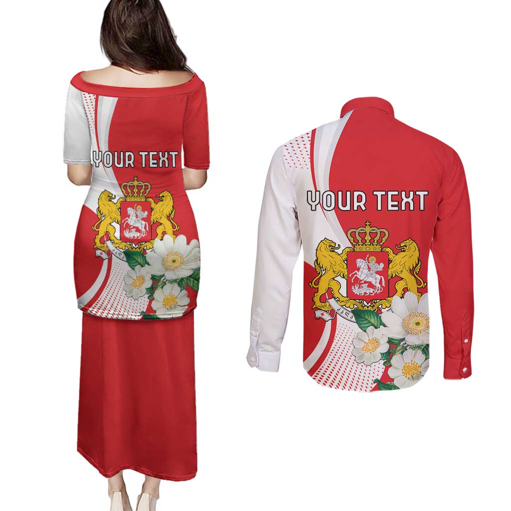 Personalized Georgia Independence Restoration Day Couples Matching Puletasi and Long Sleeve Button Shirt Dzala Ertobashia Rosa Laevigata