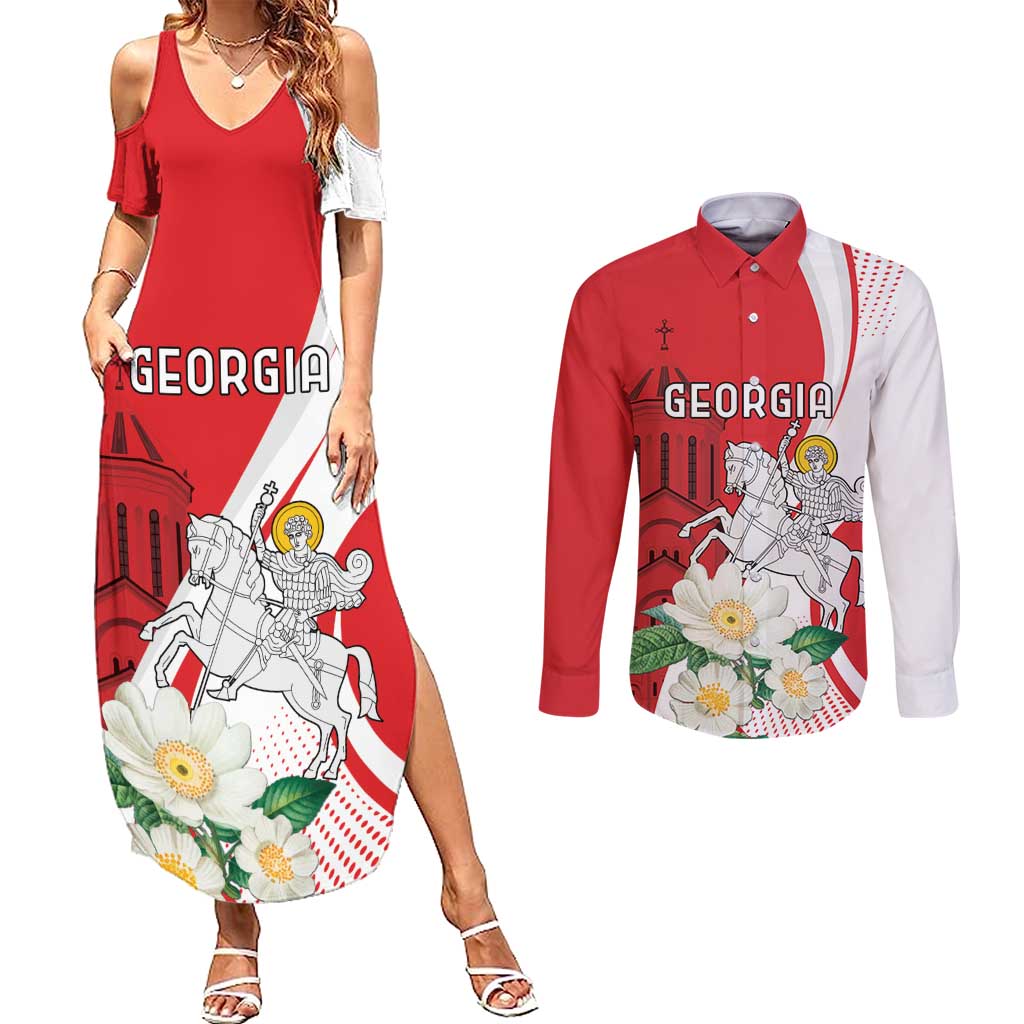 Personalized Georgia Independence Restoration Day Couples Matching Summer Maxi Dress and Long Sleeve Button Shirt Dzala Ertobashia Rosa Laevigata