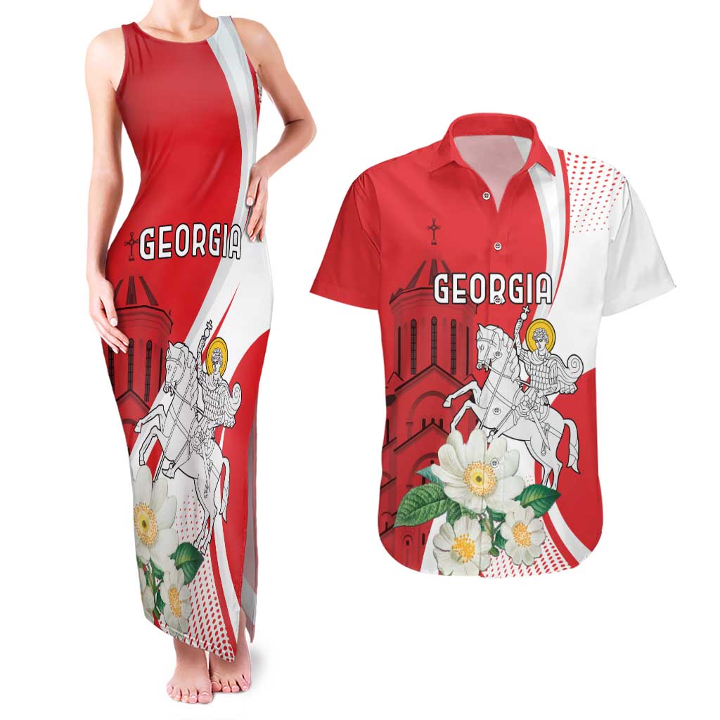 Personalized Georgia Independence Restoration Day Couples Matching Tank Maxi Dress and Hawaiian Shirt Dzala Ertobashia Rosa Laevigata