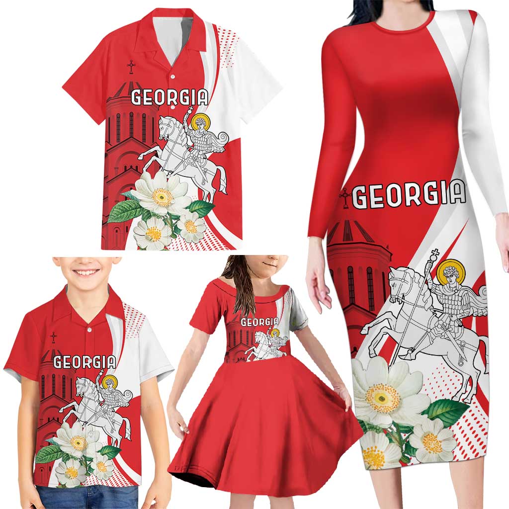Personalized Georgia Independence Restoration Day Family Matching Long Sleeve Bodycon Dress and Hawaiian Shirt Dzala Ertobashia Rosa Laevigata