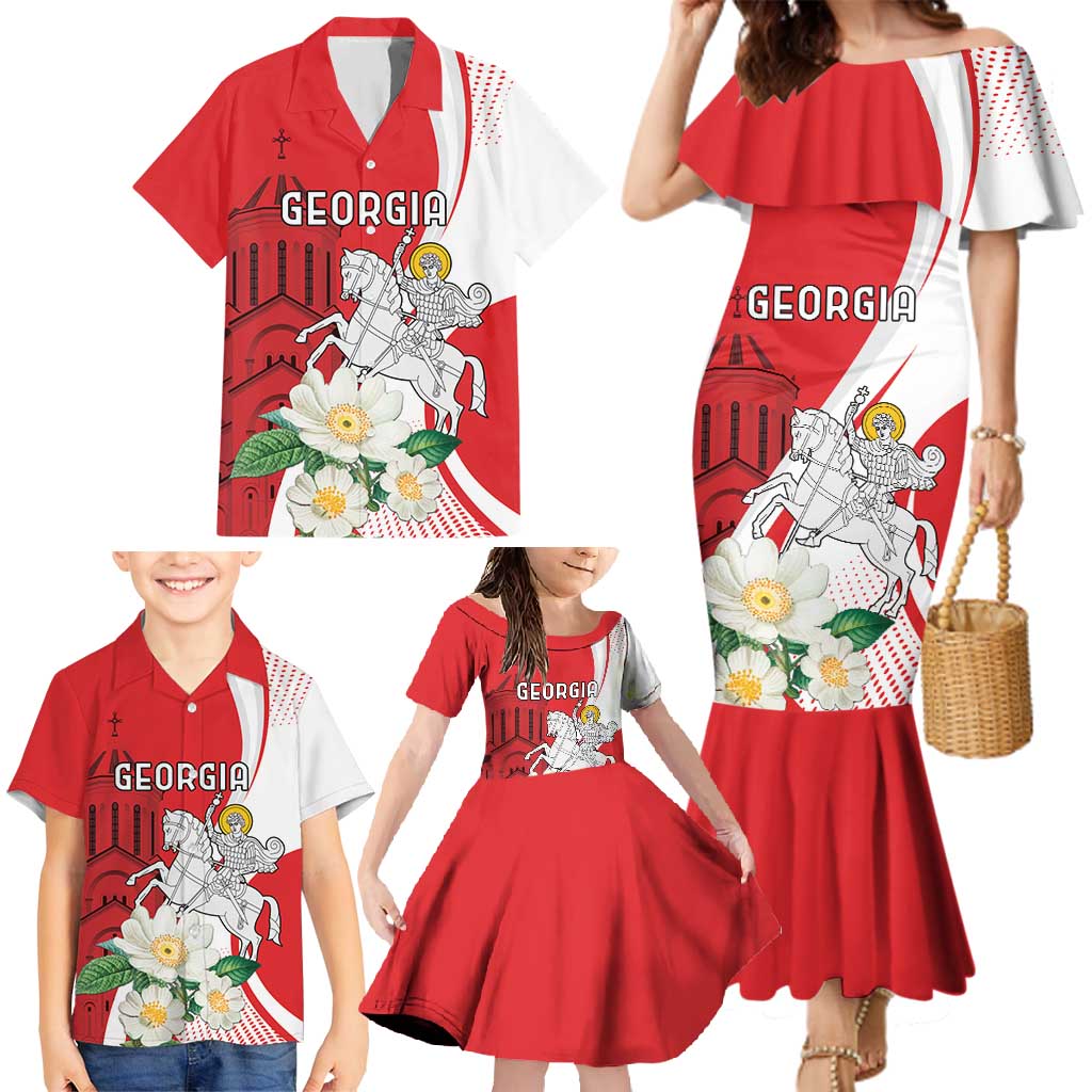Personalized Georgia Independence Restoration Day Family Matching Mermaid Dress and Hawaiian Shirt Dzala Ertobashia Rosa Laevigata