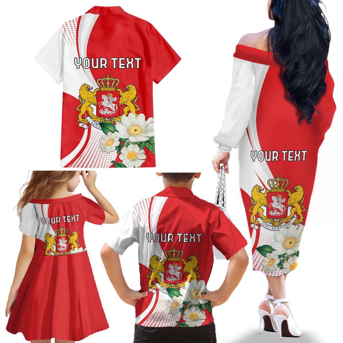 Personalized Georgia Independence Restoration Day Family Matching Off The Shoulder Long Sleeve Dress and Hawaiian Shirt Dzala Ertobashia Rosa Laevigata
