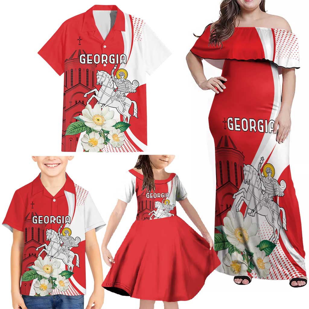 Personalized Georgia Independence Restoration Day Family Matching Off Shoulder Maxi Dress and Hawaiian Shirt Dzala Ertobashia Rosa Laevigata