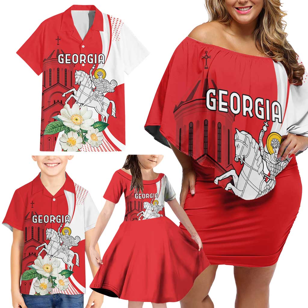 Personalized Georgia Independence Restoration Day Family Matching Off Shoulder Short Dress and Hawaiian Shirt Dzala Ertobashia Rosa Laevigata