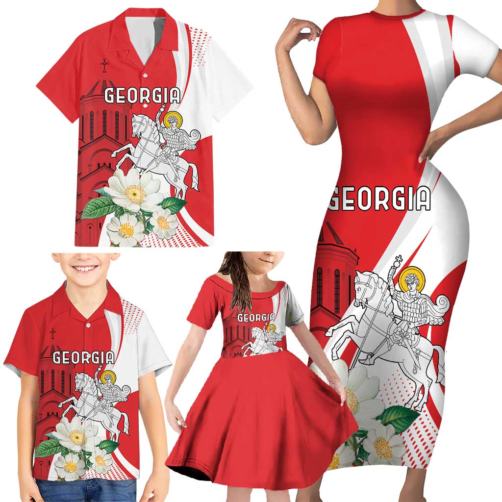 Personalized Georgia Independence Restoration Day Family Matching Short Sleeve Bodycon Dress and Hawaiian Shirt Dzala Ertobashia Rosa Laevigata