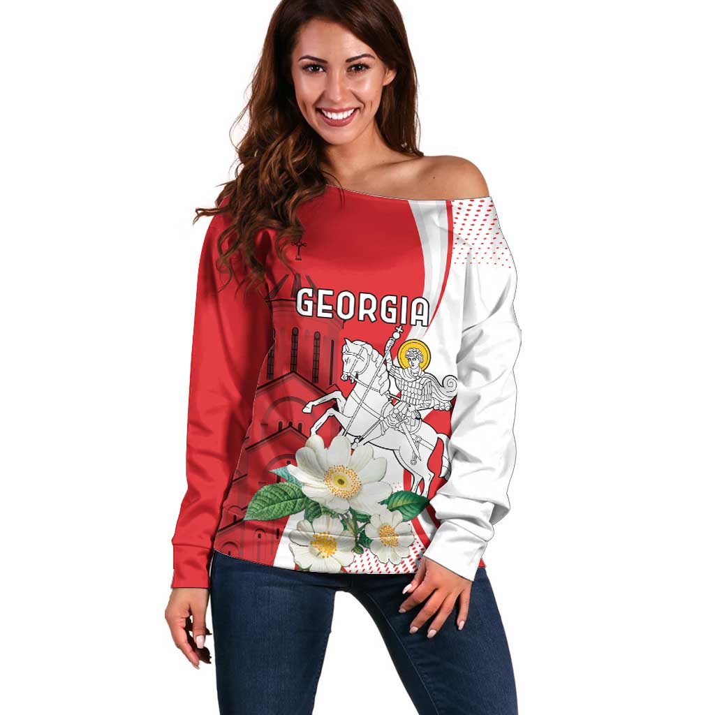 Personalized Georgia Independence Restoration Day Off Shoulder Sweater Dzala Ertobashia Rosa Laevigata