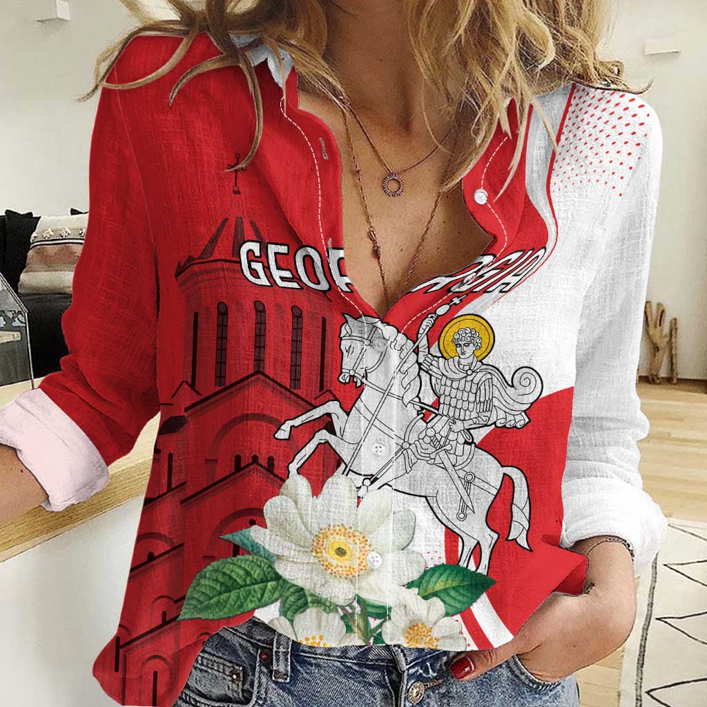 Personalized Georgia Independence Restoration Day Women Casual Shirt Dzala Ertobashia Rosa Laevigata