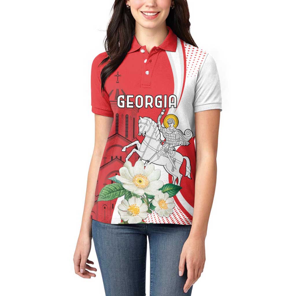 Personalized Georgia Independence Restoration Day Women Polo Shirt Dzala Ertobashia Rosa Laevigata