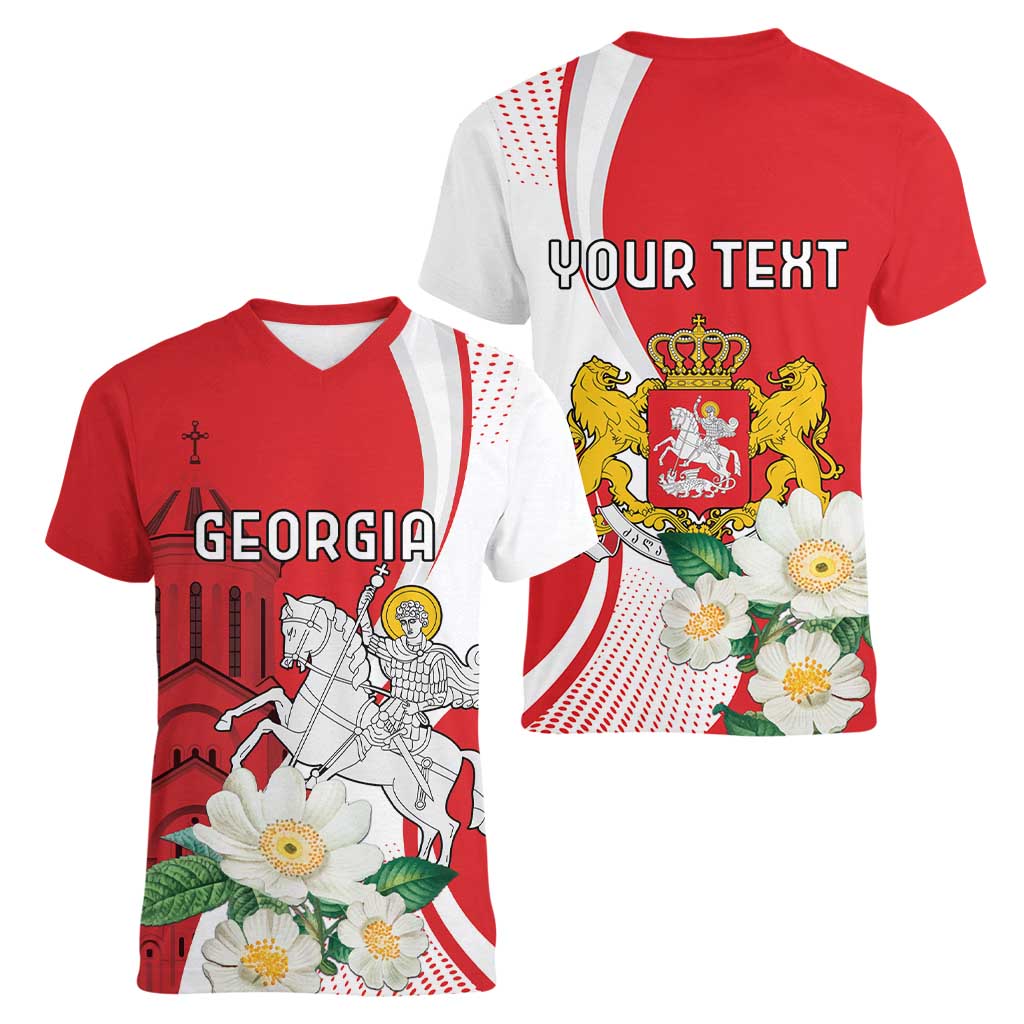 Personalized Georgia Independence Restoration Day Women V-Neck T-Shirt Dzala Ertobashia Rosa Laevigata