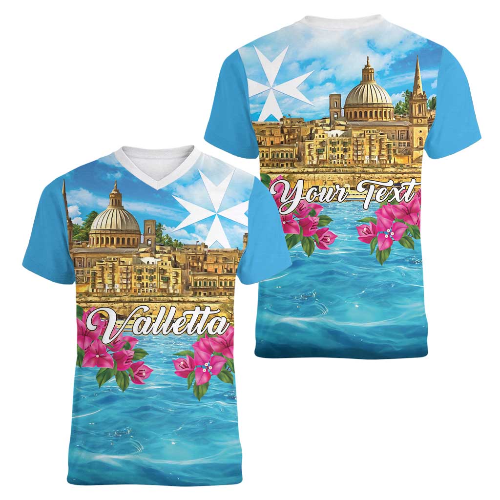 Personalized Malta Women V-Neck T-Shirt Valletta Capital Maltese Cross