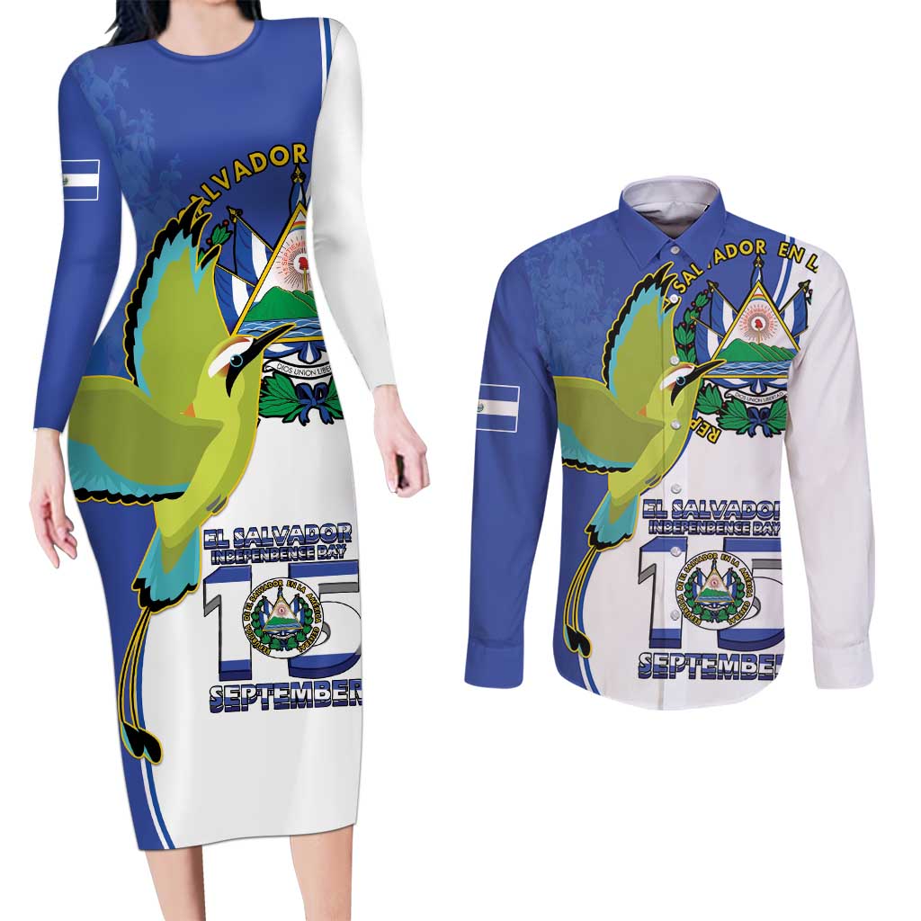 El Salvador Independence Day Couples Matching Long Sleeve Bodycon Dress and Long Sleeve Button Shirt Dios Union Libertad - Wonder Print Shop