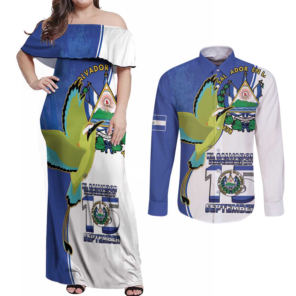 El Salvador Independence Day Couples Matching Off Shoulder Maxi Dress and Long Sleeve Button Shirt Dios Union Libertad - Wonder Print Shop