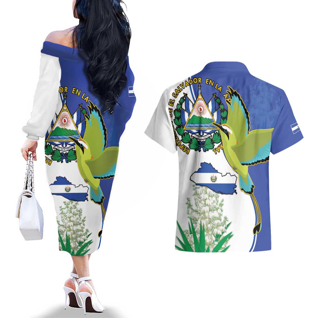 El Salvador Independence Day Couples Matching Off The Shoulder Long Sleeve Dress and Hawaiian Shirt Dios Union Libertad - Wonder Print Shop