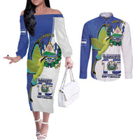 El Salvador Independence Day Couples Matching Off The Shoulder Long Sleeve Dress and Long Sleeve Button Shirt Dios Union Libertad - Wonder Print Shop