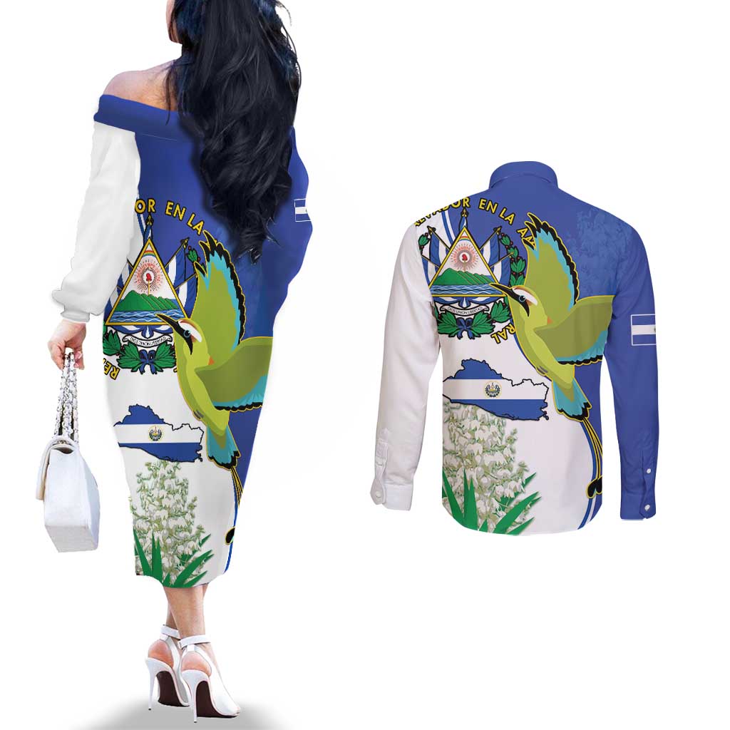 El Salvador Independence Day Couples Matching Off The Shoulder Long Sleeve Dress and Long Sleeve Button Shirt Dios Union Libertad - Wonder Print Shop
