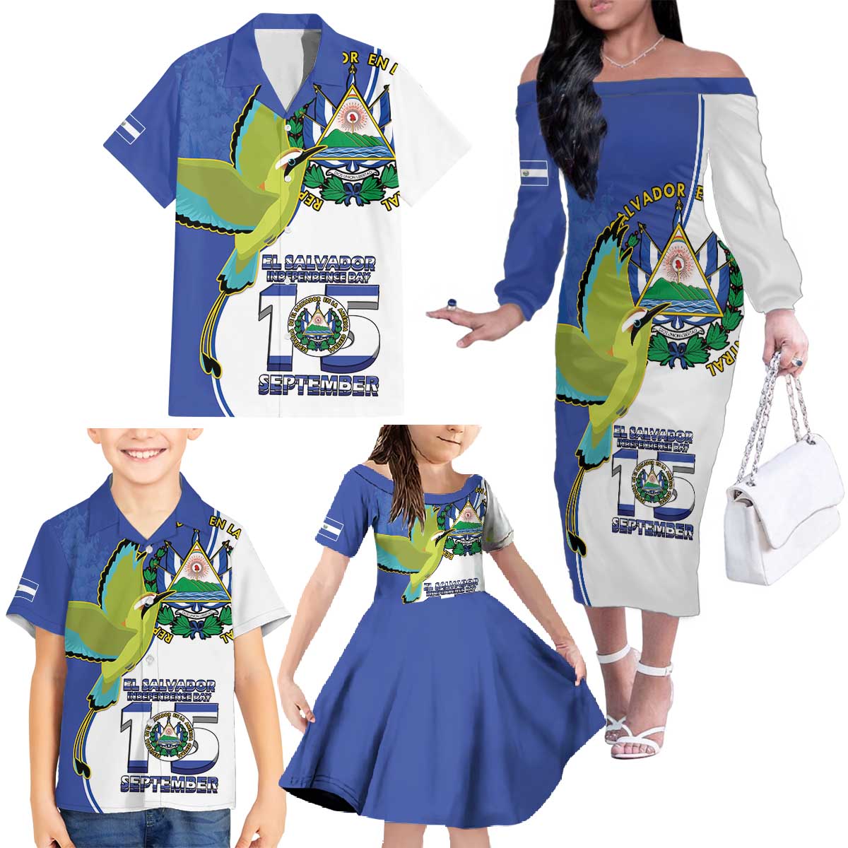 El Salvador Independence Day Family Matching Off The Shoulder Long Sleeve Dress and Hawaiian Shirt Dios Union Libertad - Wonder Print Shop