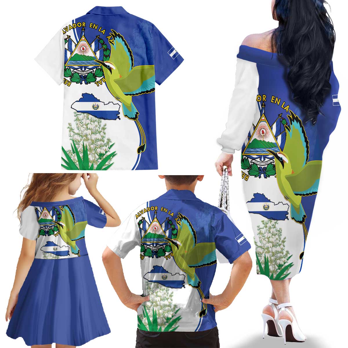 El Salvador Independence Day Family Matching Off The Shoulder Long Sleeve Dress and Hawaiian Shirt Dios Union Libertad - Wonder Print Shop