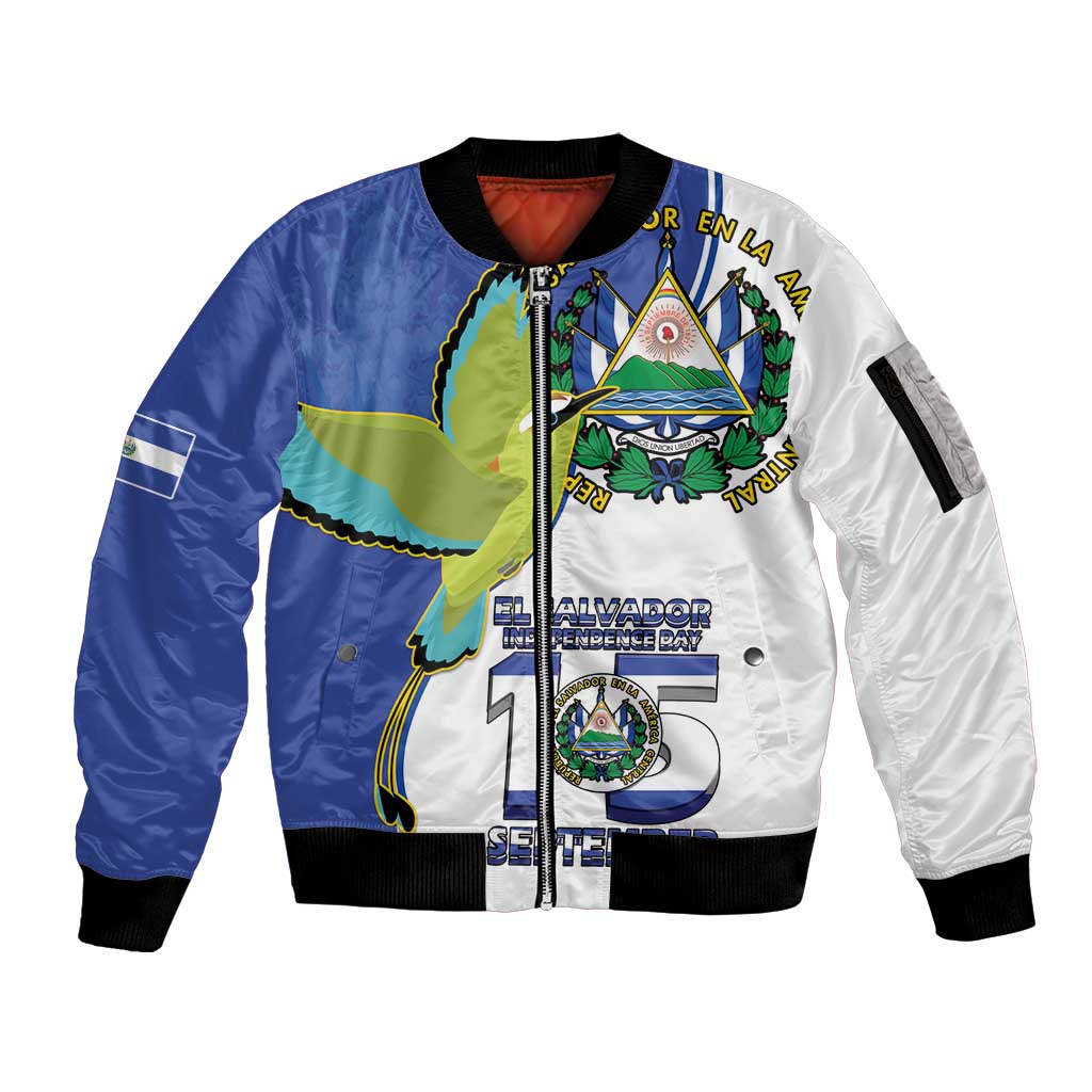 El Salvador Independence Day Sleeve Zip Bomber Jacket Dios Union Libertad - Wonder Print Shop