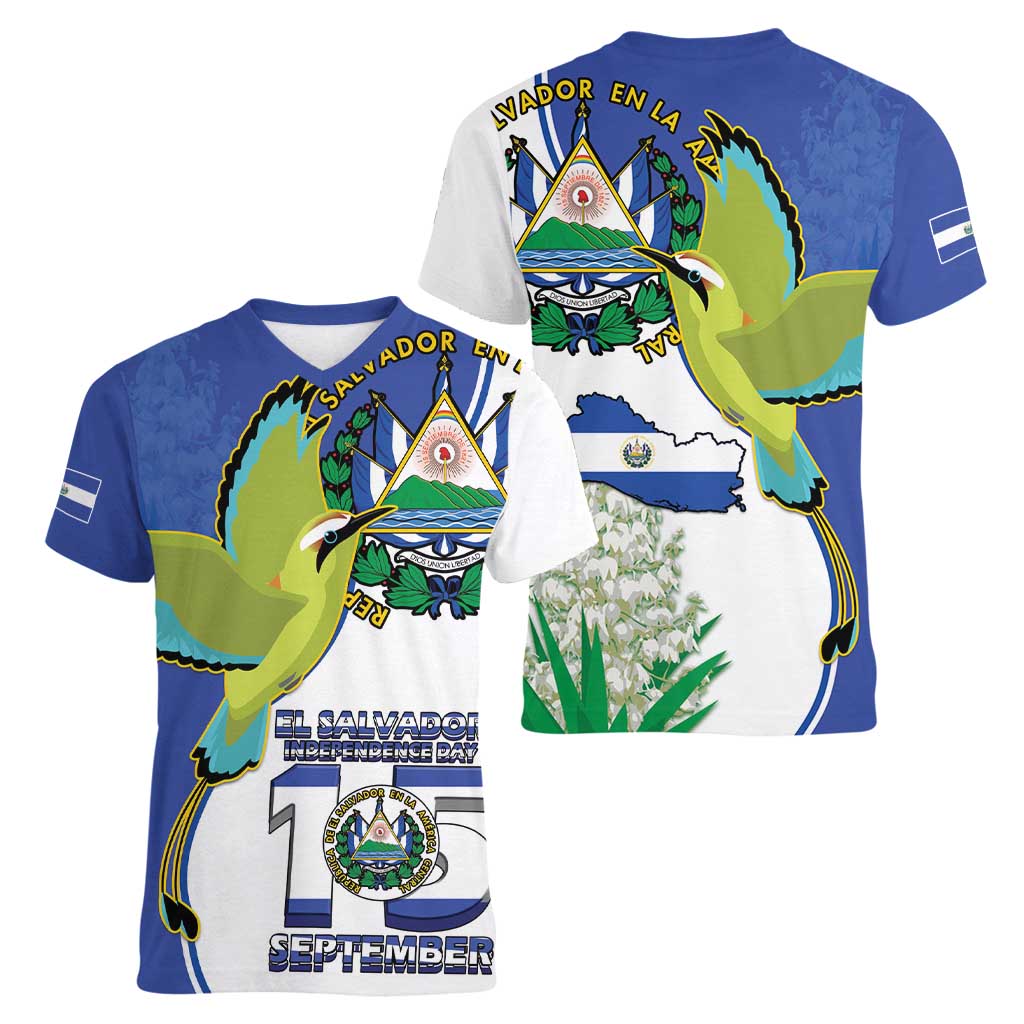 El Salvador Independence Day Women V-Neck T-Shirt Dios Union Libertad - Wonder Print Shop