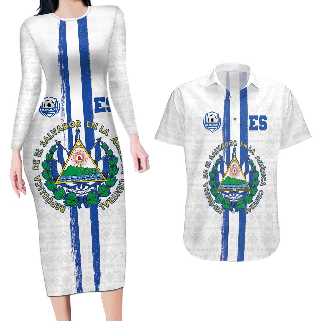 Custom El Salvador Football Couples Matching Long Sleeve Bodycon Dress and Hawaiian Shirt La Selecta Sporty Style - Wonder Print Shop