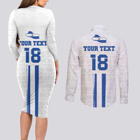 Custom El Salvador Football Couples Matching Long Sleeve Bodycon Dress and Long Sleeve Button Shirt La Selecta Sporty Style - Wonder Print Shop