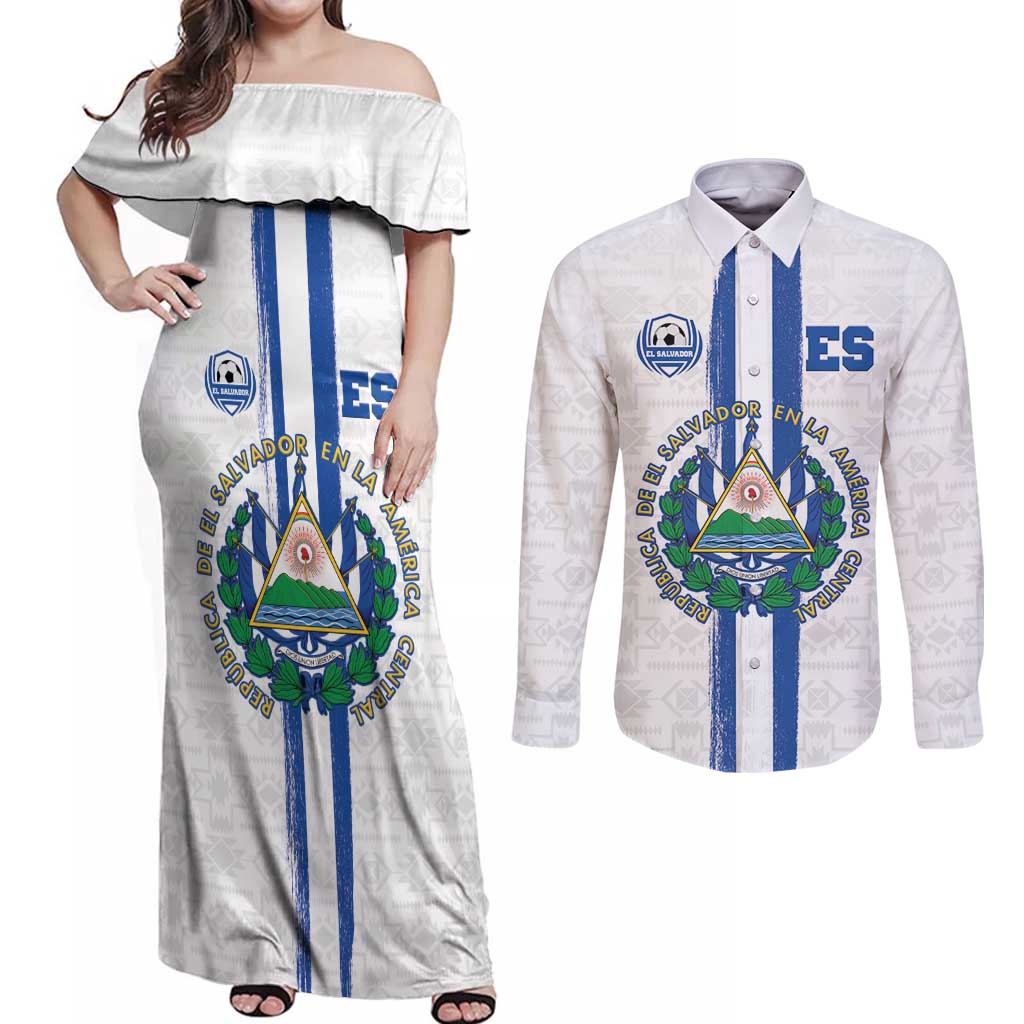 Custom El Salvador Football Couples Matching Off Shoulder Maxi Dress and Long Sleeve Button Shirt La Selecta Sporty Style - Wonder Print Shop