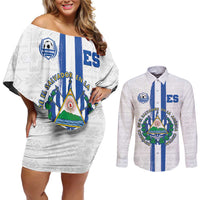 Custom El Salvador Football Couples Matching Off Shoulder Short Dress and Long Sleeve Button Shirt La Selecta Sporty Style - Wonder Print Shop