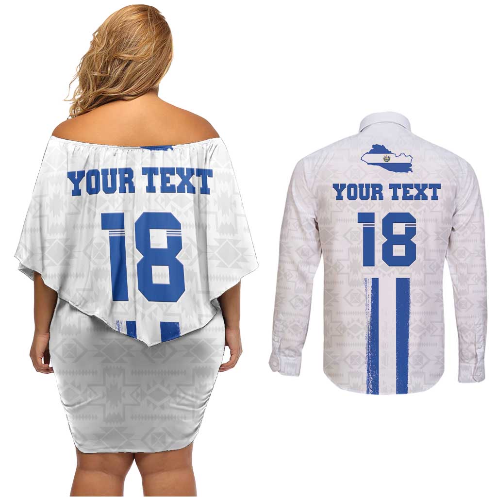 Custom El Salvador Football Couples Matching Off Shoulder Short Dress and Long Sleeve Button Shirt La Selecta Sporty Style - Wonder Print Shop