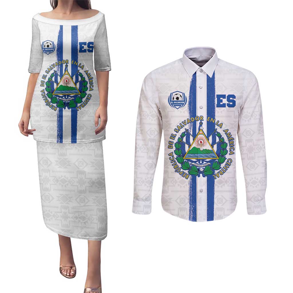 Custom El Salvador Football Couples Matching Puletasi and Long Sleeve Button Shirt La Selecta Sporty Style - Wonder Print Shop