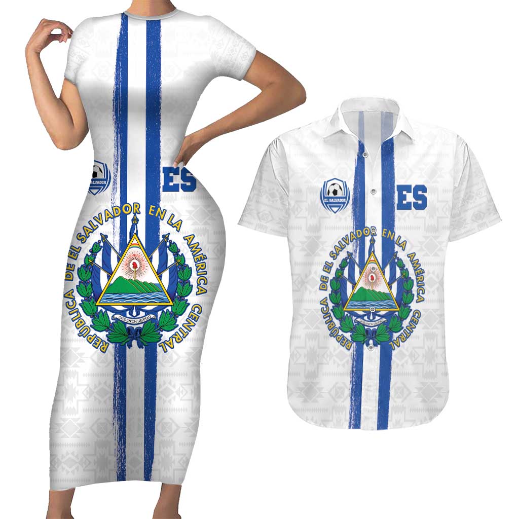 Custom El Salvador Football Couples Matching Short Sleeve Bodycon Dress and Hawaiian Shirt La Selecta Sporty Style - Wonder Print Shop