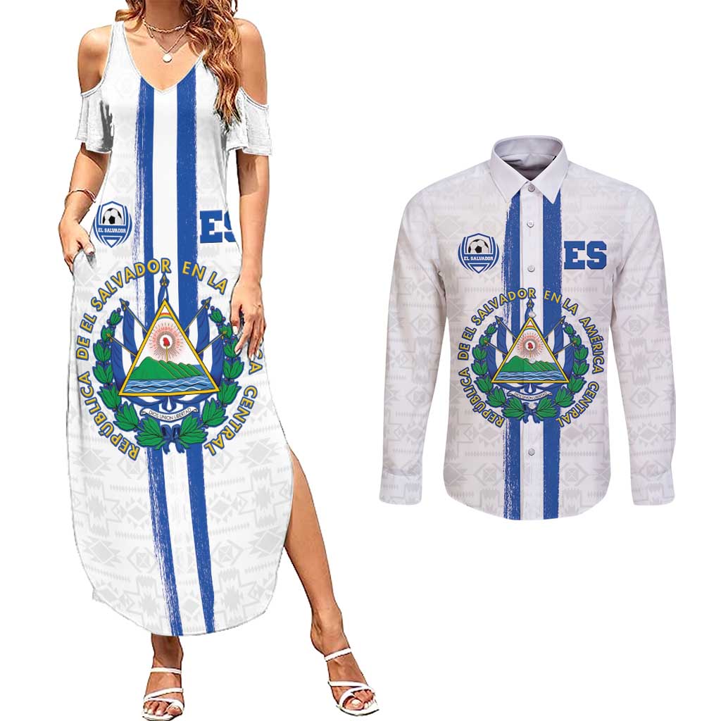 Custom El Salvador Football Couples Matching Summer Maxi Dress and Long Sleeve Button Shirt La Selecta Sporty Style - Wonder Print Shop