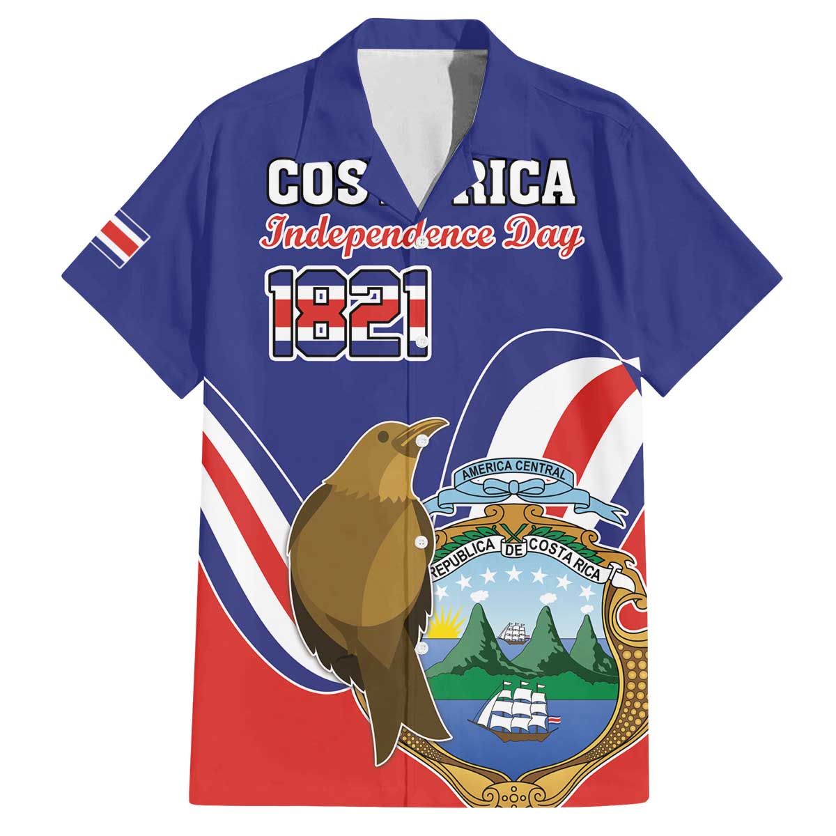 Custom Costa Rica Independence Day Family Matching Off The Shoulder Long Sleeve Dress and Hawaiian Shirt Turdus Grayi Bird With Coat Of Arms - Wonder Print Shop