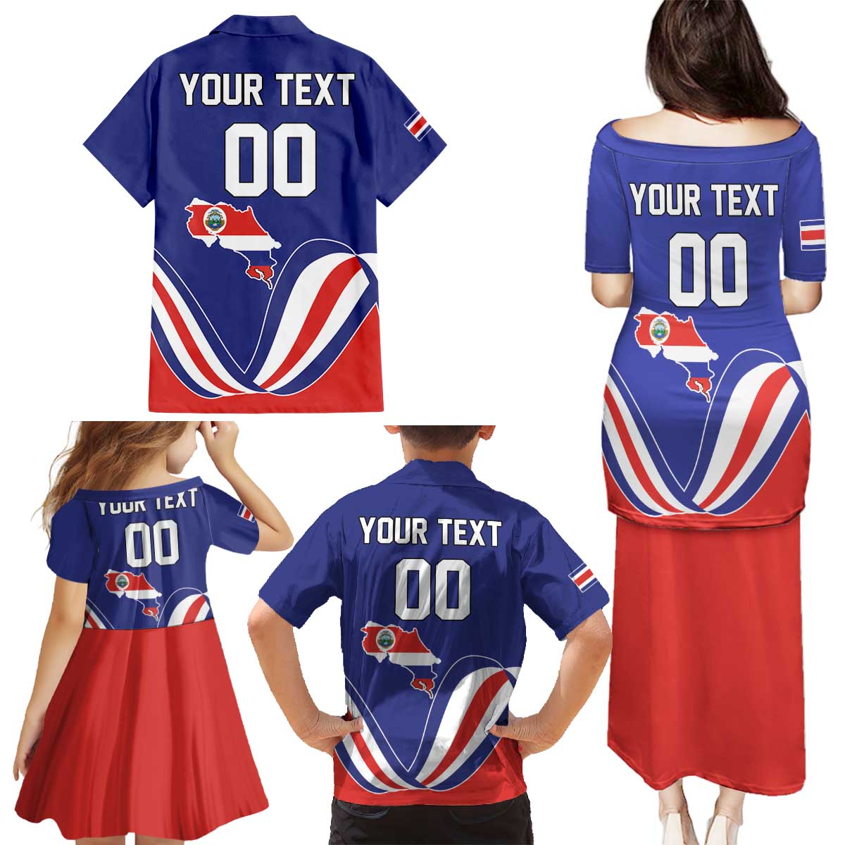 Custom Costa Rica Independence Day Family Matching Puletasi and Hawaiian Shirt Turdus Grayi Bird With Coat Of Arms - Wonder Print Shop