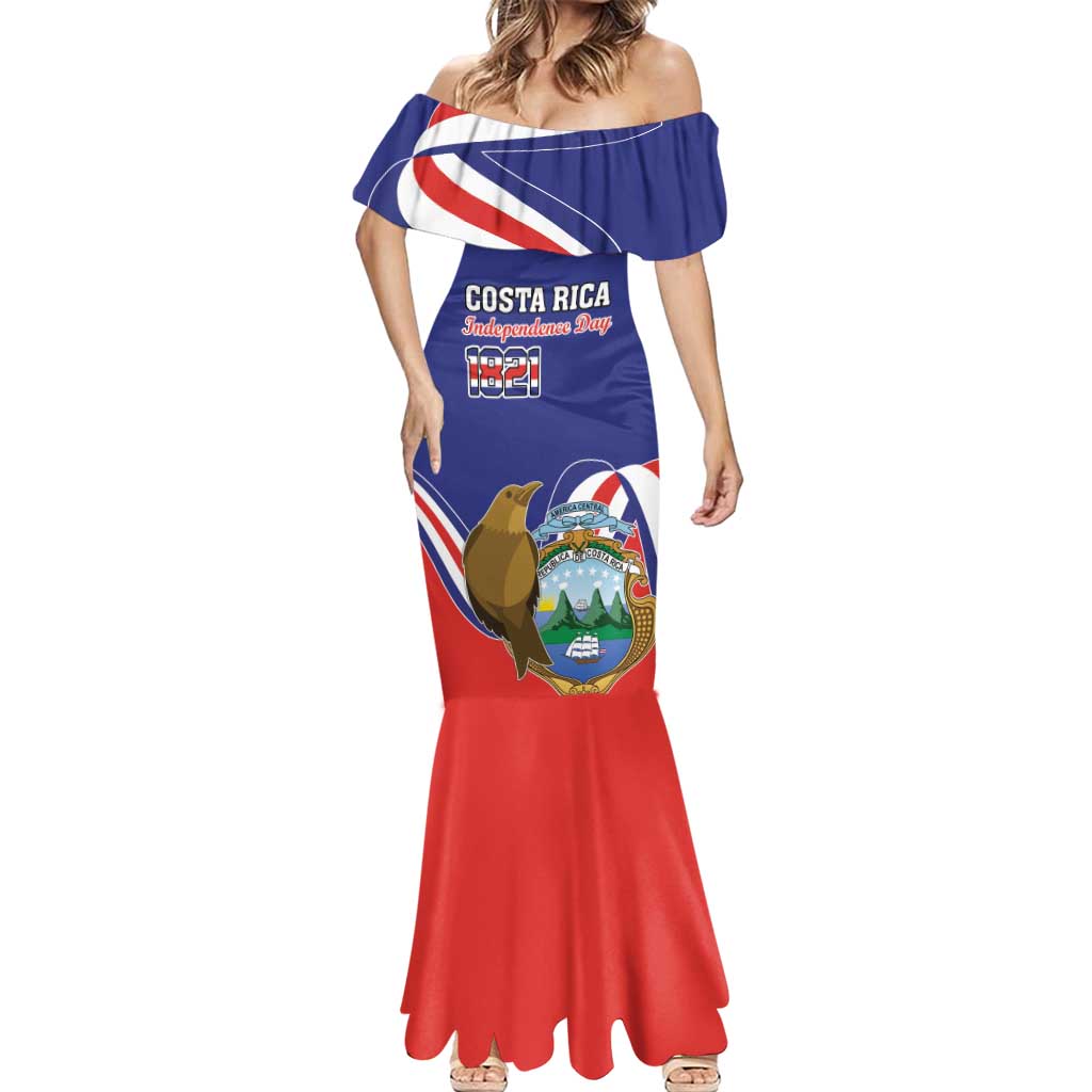 Custom Costa Rica Independence Day Mermaid Dress Turdus Grayi Bird With Coat Of Arms - Wonder Print Shop