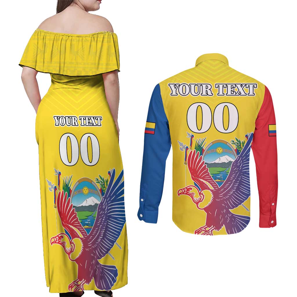 Custom Ecuador Independence Day Couples Matching Off Shoulder Maxi Dress and Long Sleeve Button Shirt Andean Condor With Coat Of Arms - Wonder Print Shop