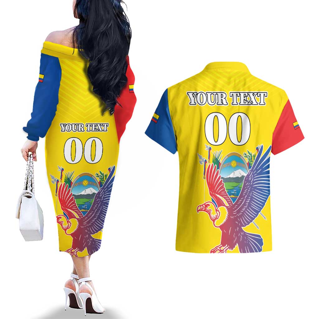 Custom Ecuador Independence Day Couples Matching Off The Shoulder Long Sleeve Dress and Hawaiian Shirt Andean Condor With Coat Of Arms - Wonder Print Shop