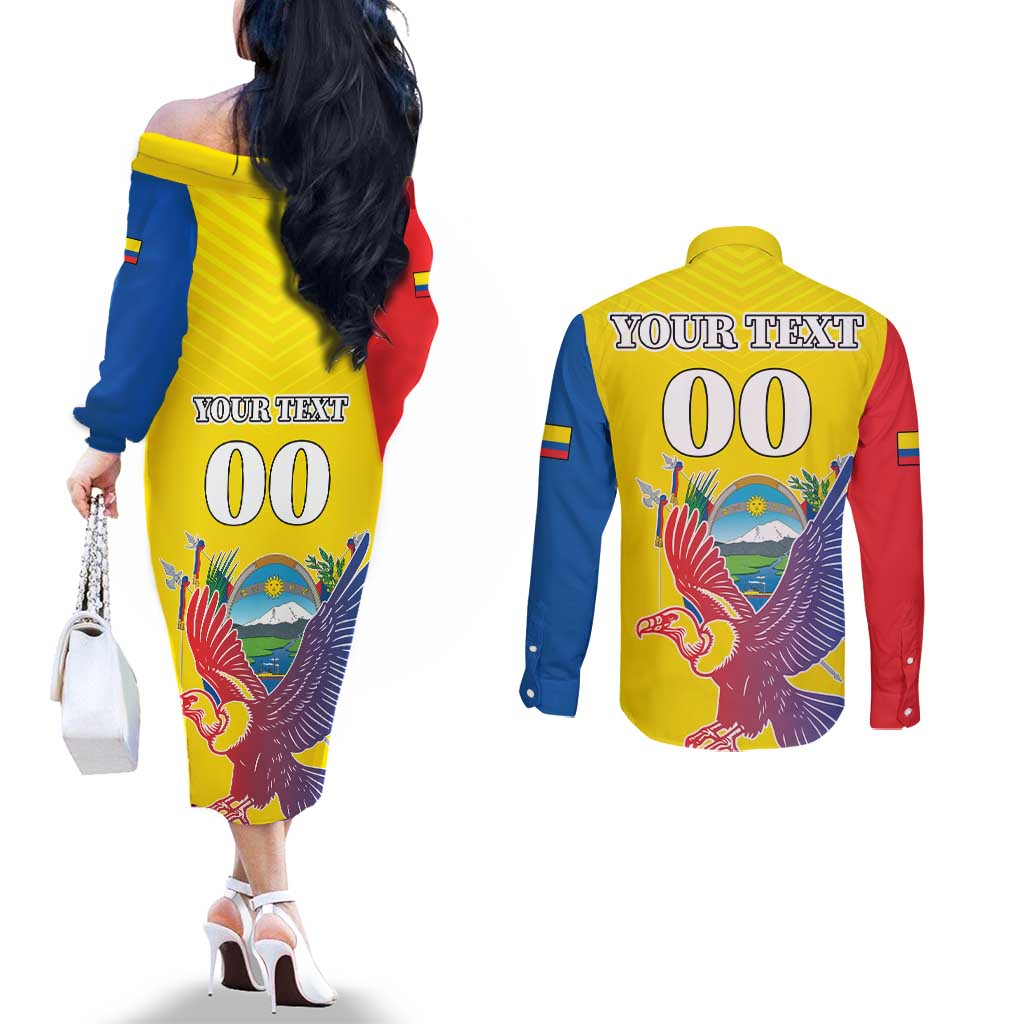 Custom Ecuador Independence Day Couples Matching Off The Shoulder Long Sleeve Dress and Long Sleeve Button Shirt Andean Condor With Coat Of Arms