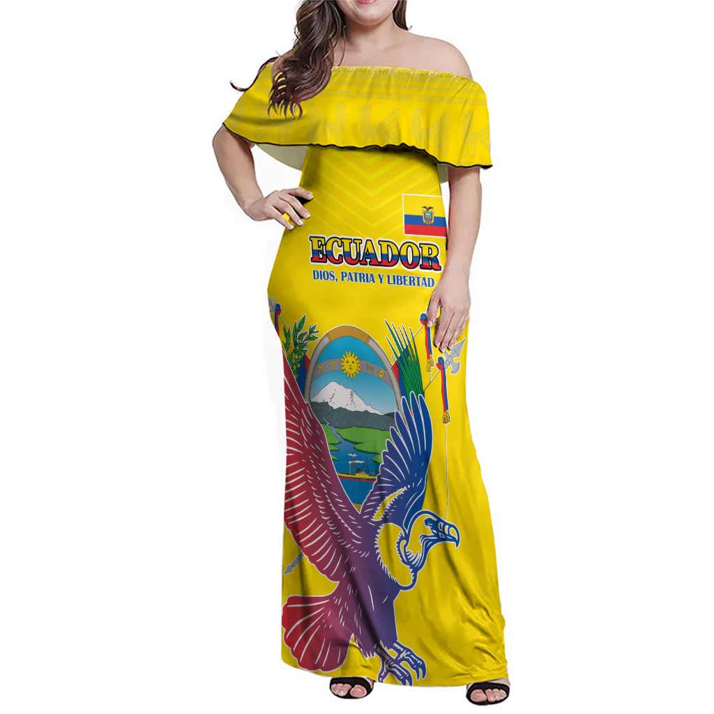 Custom Ecuador Independence Day Family Matching Off Shoulder Maxi Dress and Hawaiian Shirt Andean Condor With Coat Of Arms - Wonder Print Shop