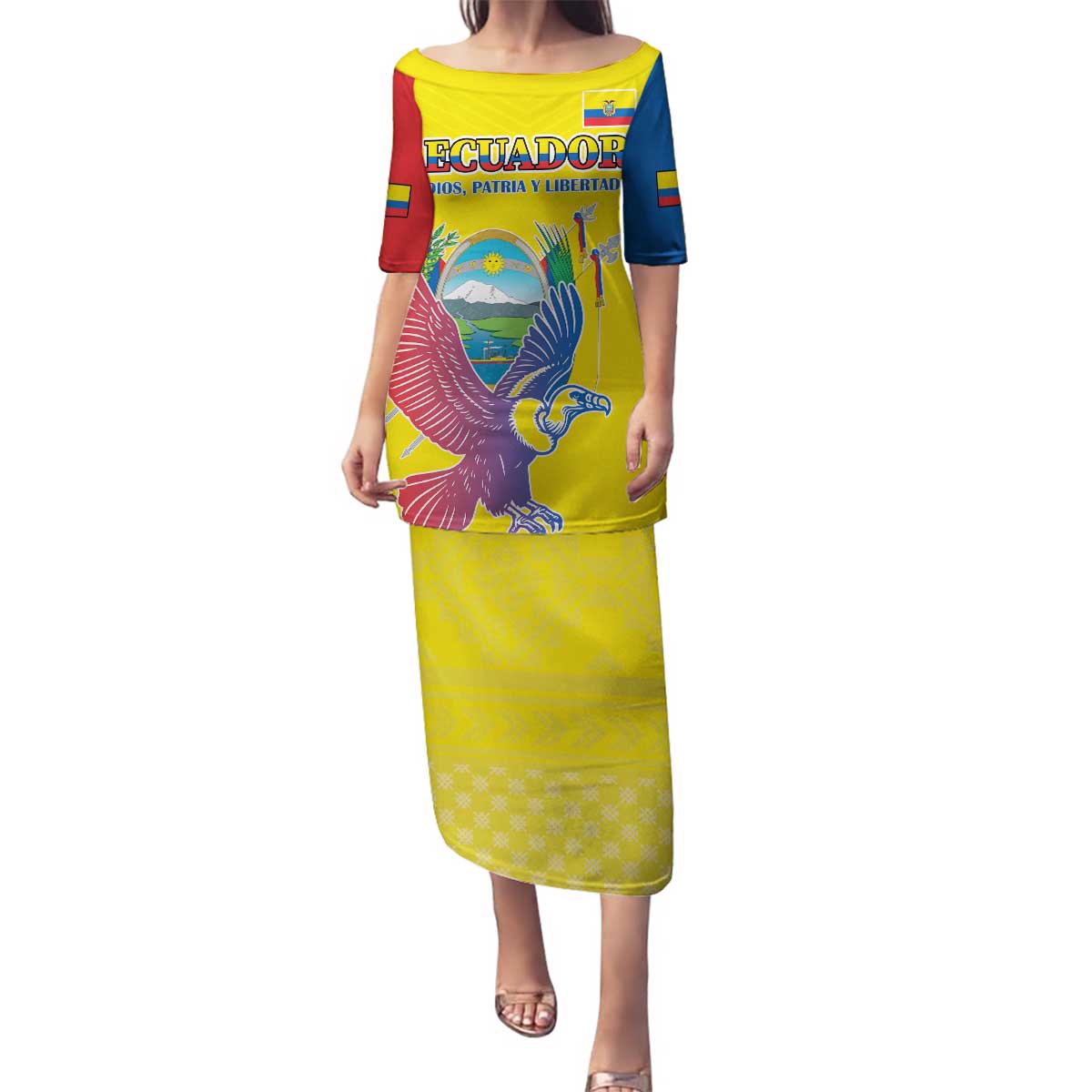 Custom Ecuador Independence Day Family Matching Puletasi and Hawaiian Shirt Andean Condor With Coat Of Arms - Wonder Print Shop
