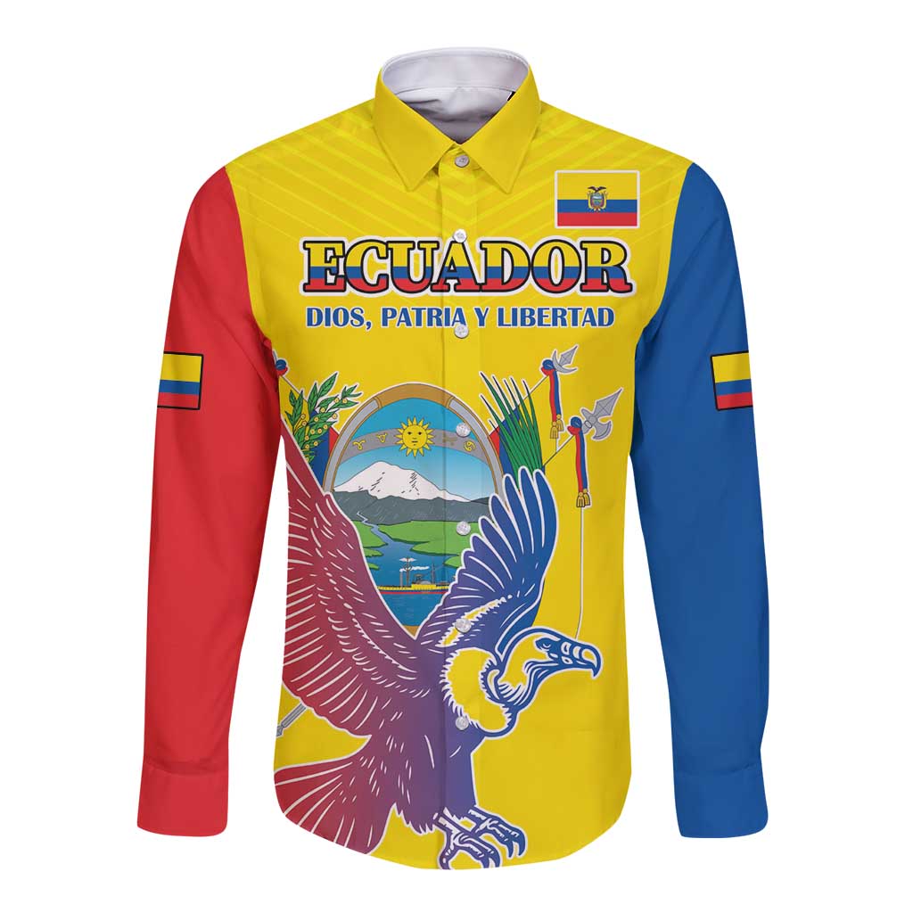 Custom Ecuador Independence Day Long Sleeve Button Shirt Andean Condor With Coat Of Arms - Wonder Print Shop