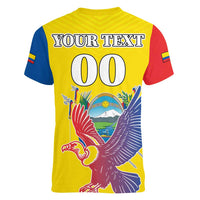 Custom Ecuador Independence Day Women V-Neck T-Shirt Andean Condor With Coat Of Arms - Wonder Print Shop