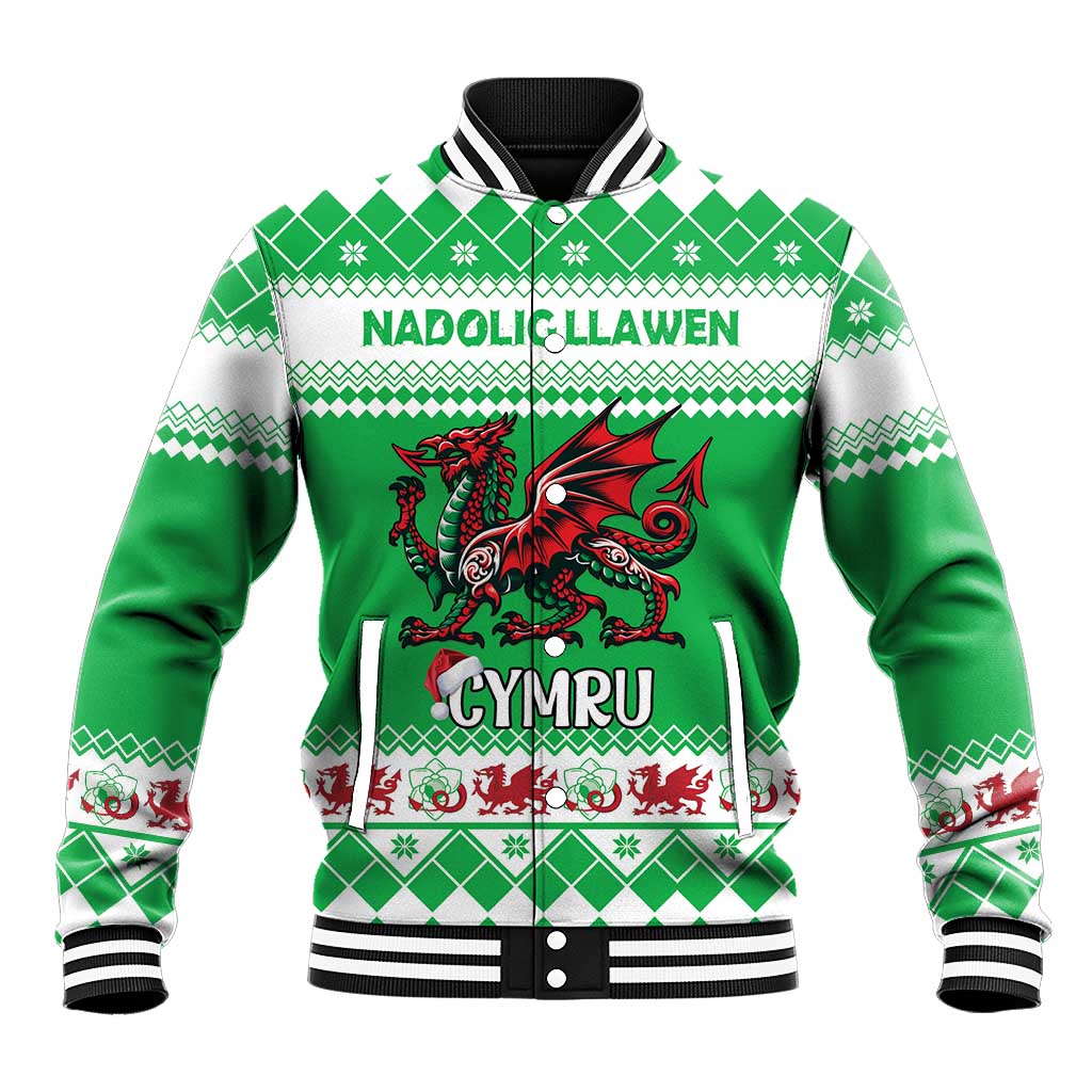 Personalized Wales Christmas Dragon Baseball Jacket Nadolig Llawen Green Version - Wonder Print Shop