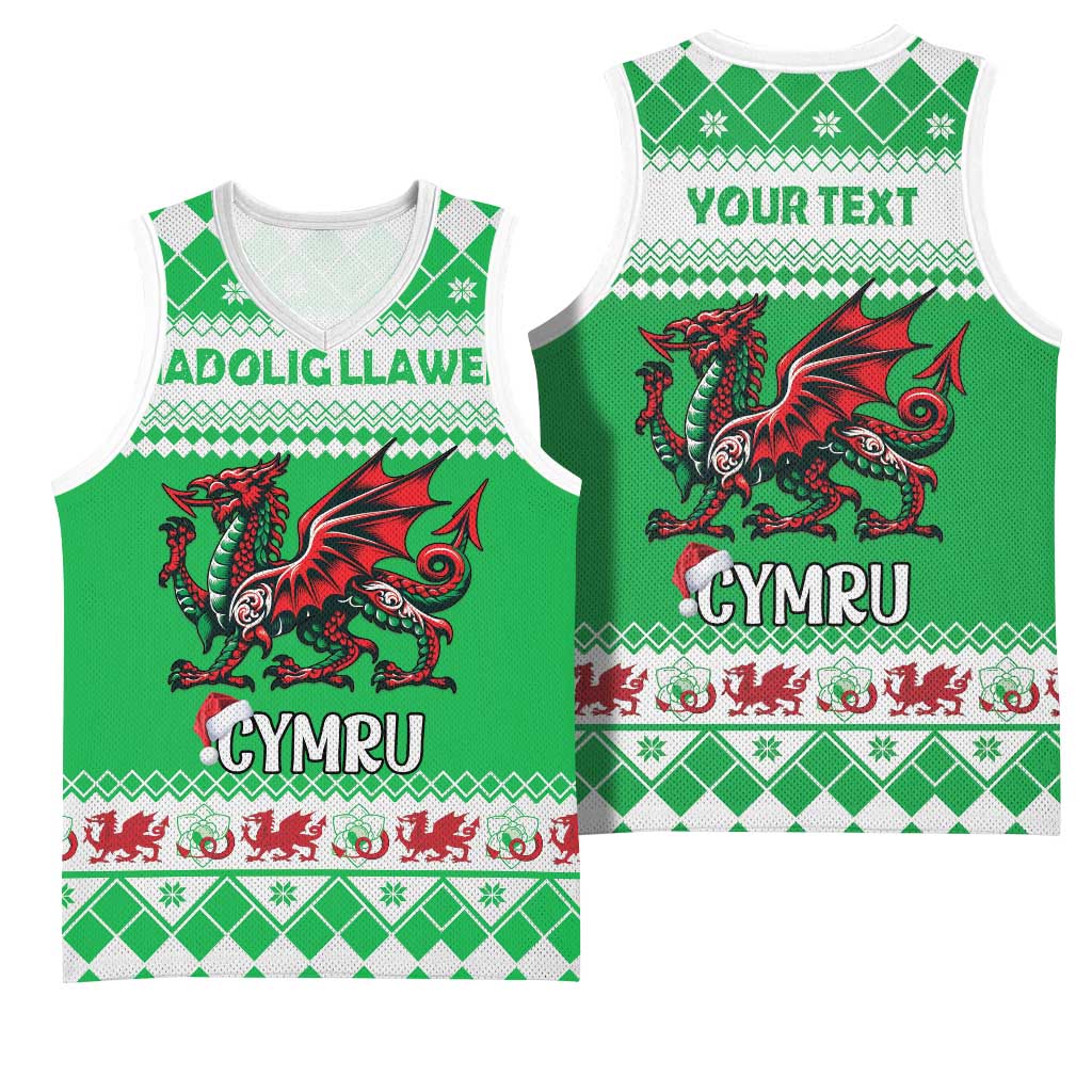 Personalized Wales Christmas Dragon Basketball Jersey Nadolig Llawen Green Version - Wonder Print Shop