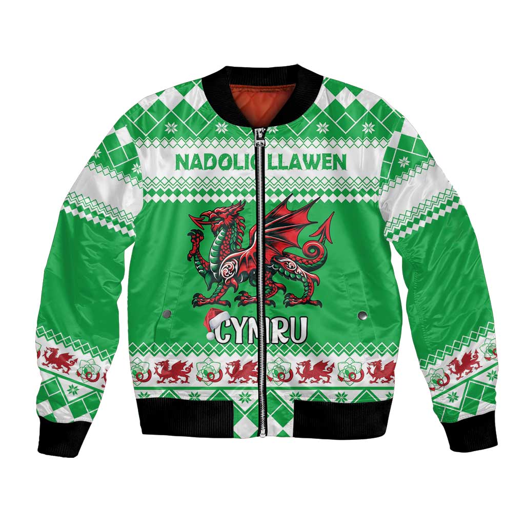 Personalized Wales Christmas Dragon Bomber Jacket Nadolig Llawen Green Version - Wonder Print Shop