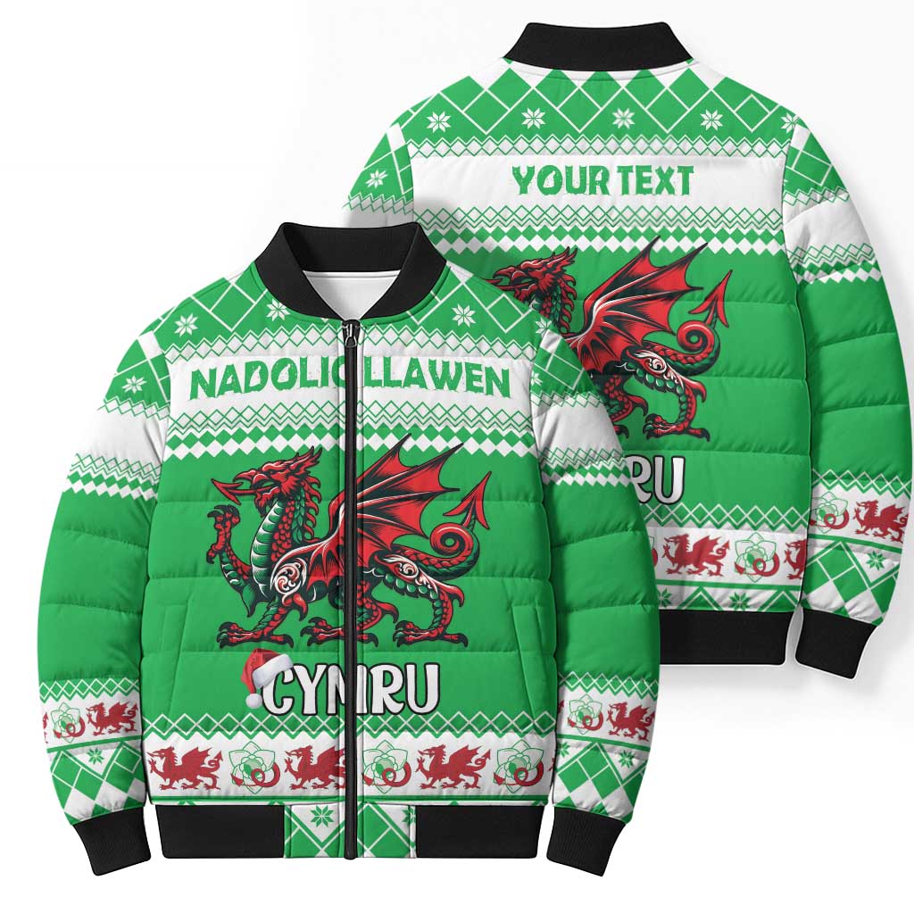Personalized Wales Christmas Dragon Bomber Puffer Jacket Nadolig Llawen Green Version - Wonder Print Shop