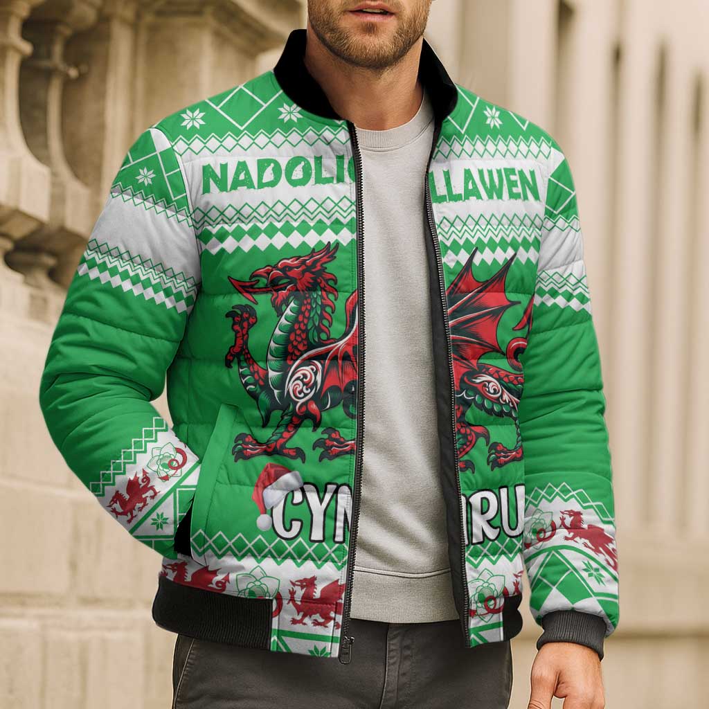Personalized Wales Christmas Dragon Bomber Puffer Jacket Nadolig Llawen Green Version - Wonder Print Shop