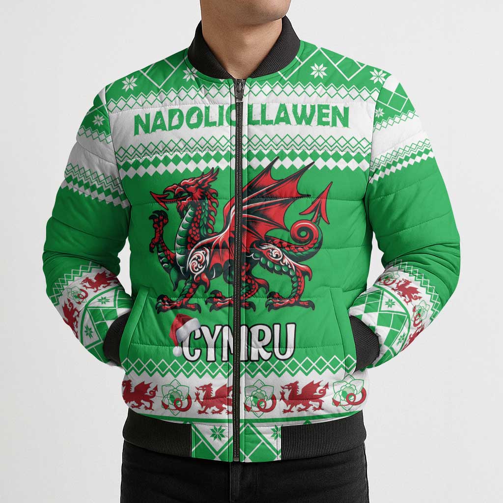 Personalized Wales Christmas Dragon Bomber Puffer Jacket Nadolig Llawen Green Version - Wonder Print Shop