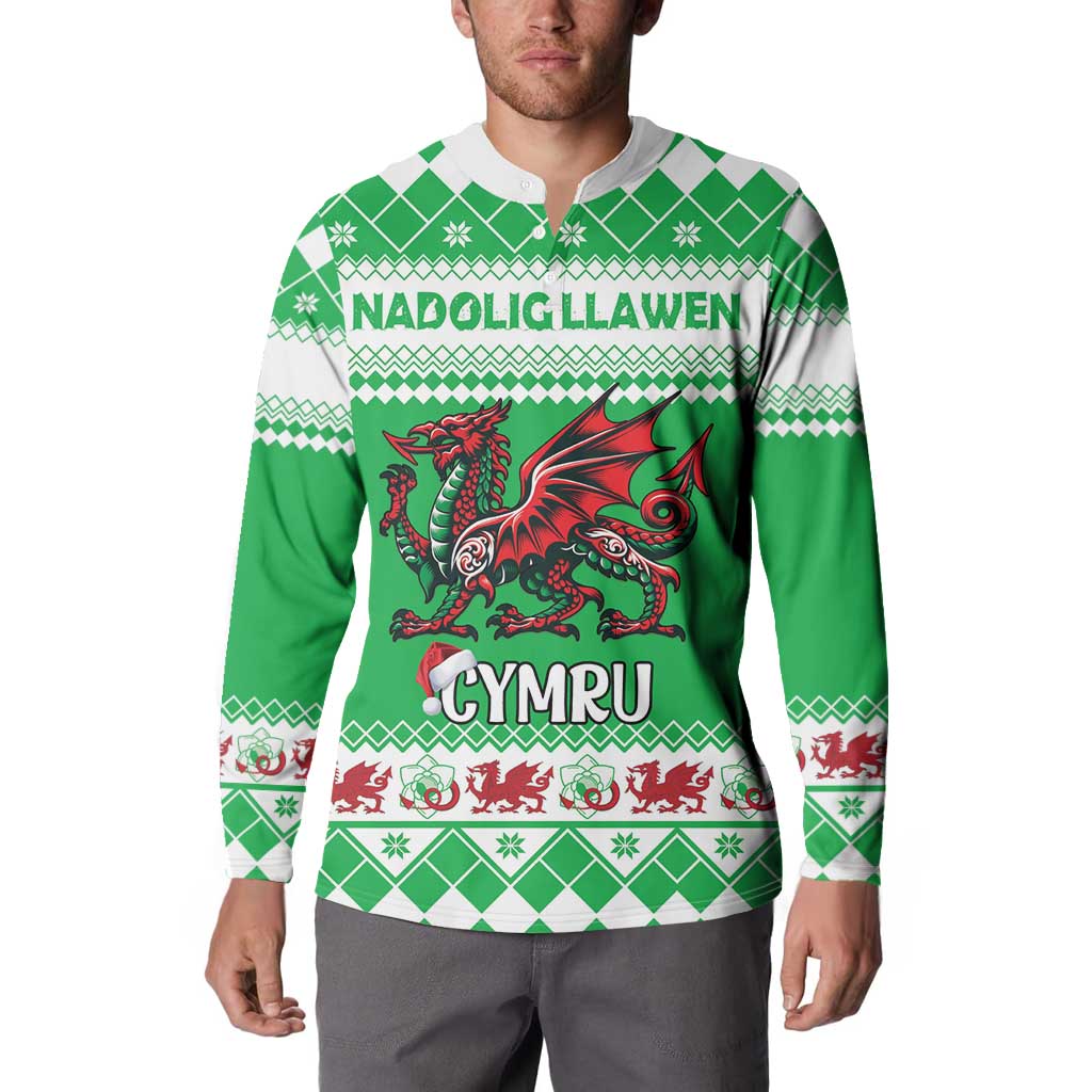Personalized Wales Christmas Dragon Button Sweatshirt Nadolig Llawen Green Version - Wonder Print Shop
