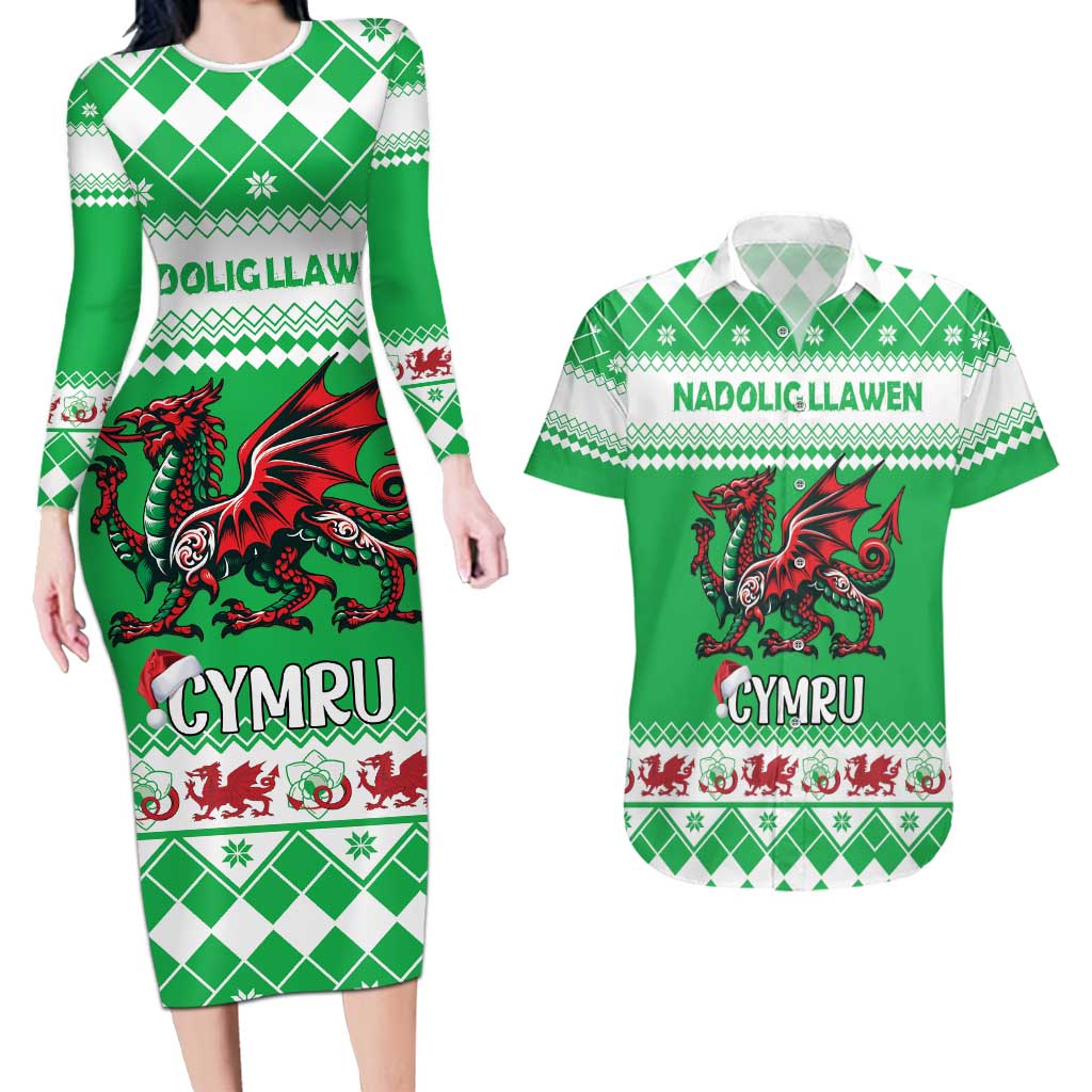 Personalized Wales Christmas Dragon Couples Matching Long Sleeve Bodycon Dress and Hawaiian Shirt Nadolig Llawen Green Version - Wonder Print Shop