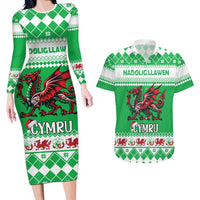 Personalized Wales Christmas Dragon Couples Matching Long Sleeve Bodycon Dress and Hawaiian Shirt Nadolig Llawen Green Version - Wonder Print Shop